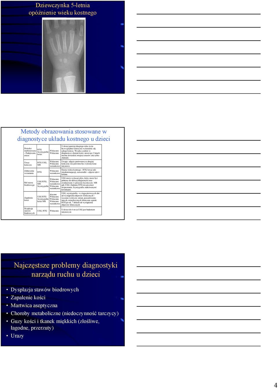 Wysoka czułość w diagnostyce złamań kości, nawet po 2 latach można stwierdzić miejsca urazów (nie tylko złamań). Uwaga: zdjęcie porównawcze drugiej kończyny nie powinno być wykonywane rutynowo.