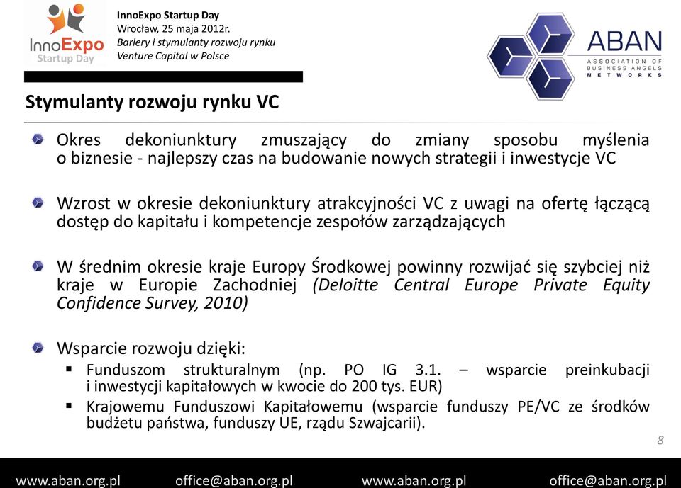 szybciej niż kraje w Europie Zachodniej (Deloitte Central Europe Private Equity Confidence Survey, 2010) Wsparcie rozwoju dzięki: Funduszom strukturalnym (np. PO IG 3.1. wsparcie preinkubacji i inwestycji kapitałowych w kwocie do 200 tys.