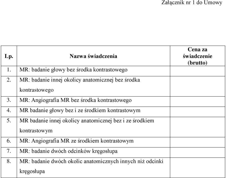 MR badanie głowy bez i ze środkiem kontrastowym 5. MR badanie innej okolicy anatomicznej bez i ze środkiem kontrastowym 6.