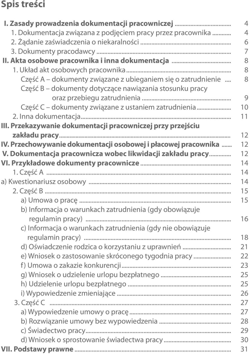 .. 8 Część B dokumenty dotyczące nawiązania stosunku pracy oraz przebiegu zatrudnienia... 9 Część C dokumenty związane z ustaniem zatrudnienia... 10 2. Inna dokumentacja... 11 III.