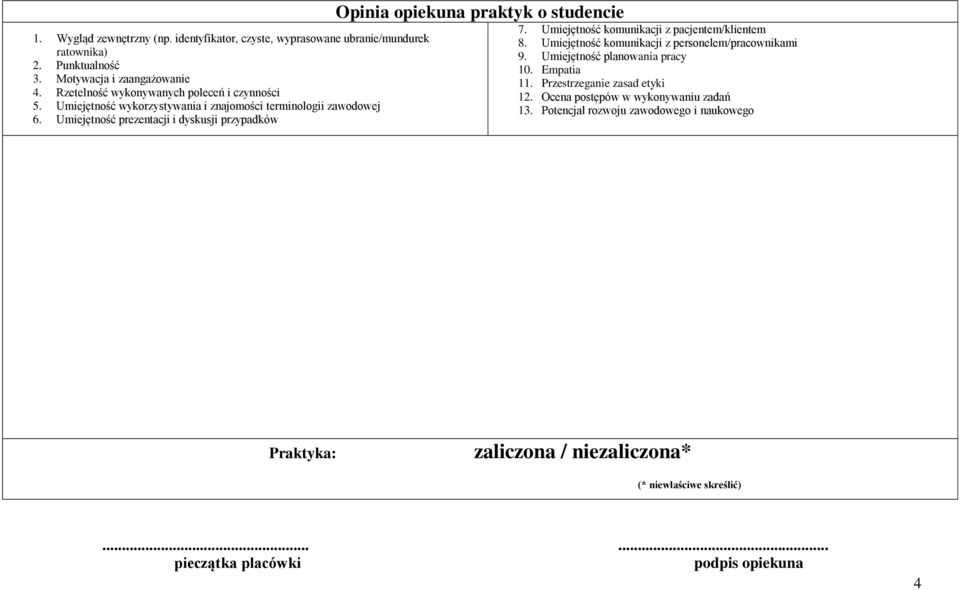 Umiejętność prezentacji i dyskusji przypadków Opinia opiekuna praktyk o studencie 7. Umiejętność komunikacji z pacjentem/klientem 8.