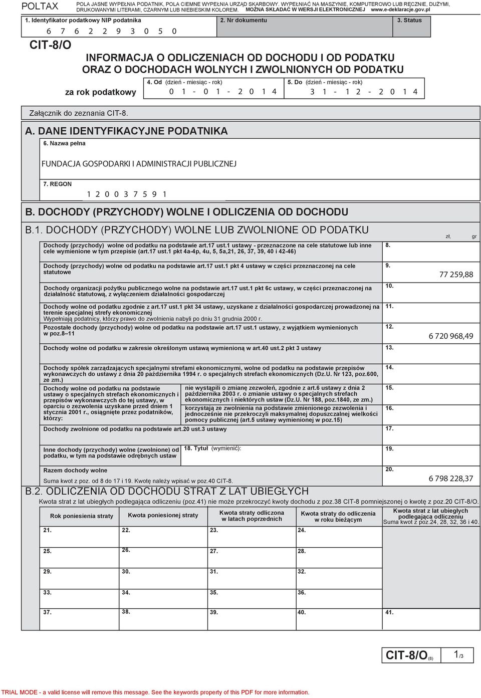 Do (dzień - miesiąc - rok) 0 1-0 1-2 0 1 4 3 1-1 2-2 0 1 4 Załącznik do zeznania CIT-8. A. DANE IDENTYFIKACYJNE PODATNIKA 6. Nazwa pełna FUNDACJA GOSPODARKI I ADMINISTRACJI PUBLICZNEJ 7.