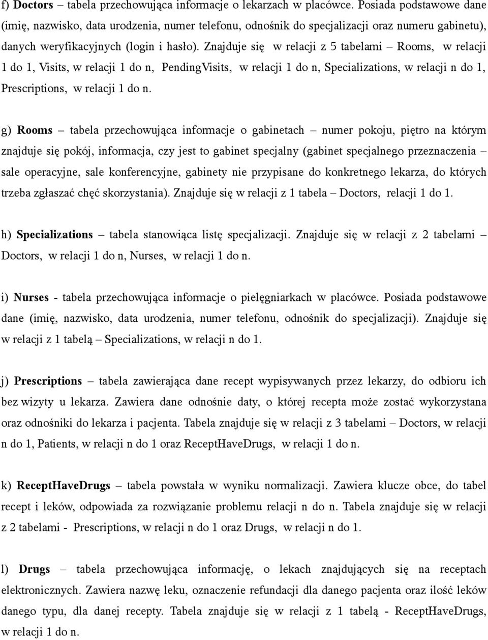 Znajduje się w relacji z 5 tabelami Rooms, w relacji 1 do 1, Visits, w relacji 1 do n, PendingVisits, w relacji 1 do n, Specializations, w relacji n do 1, Prescriptions, w relacji 1 do n.