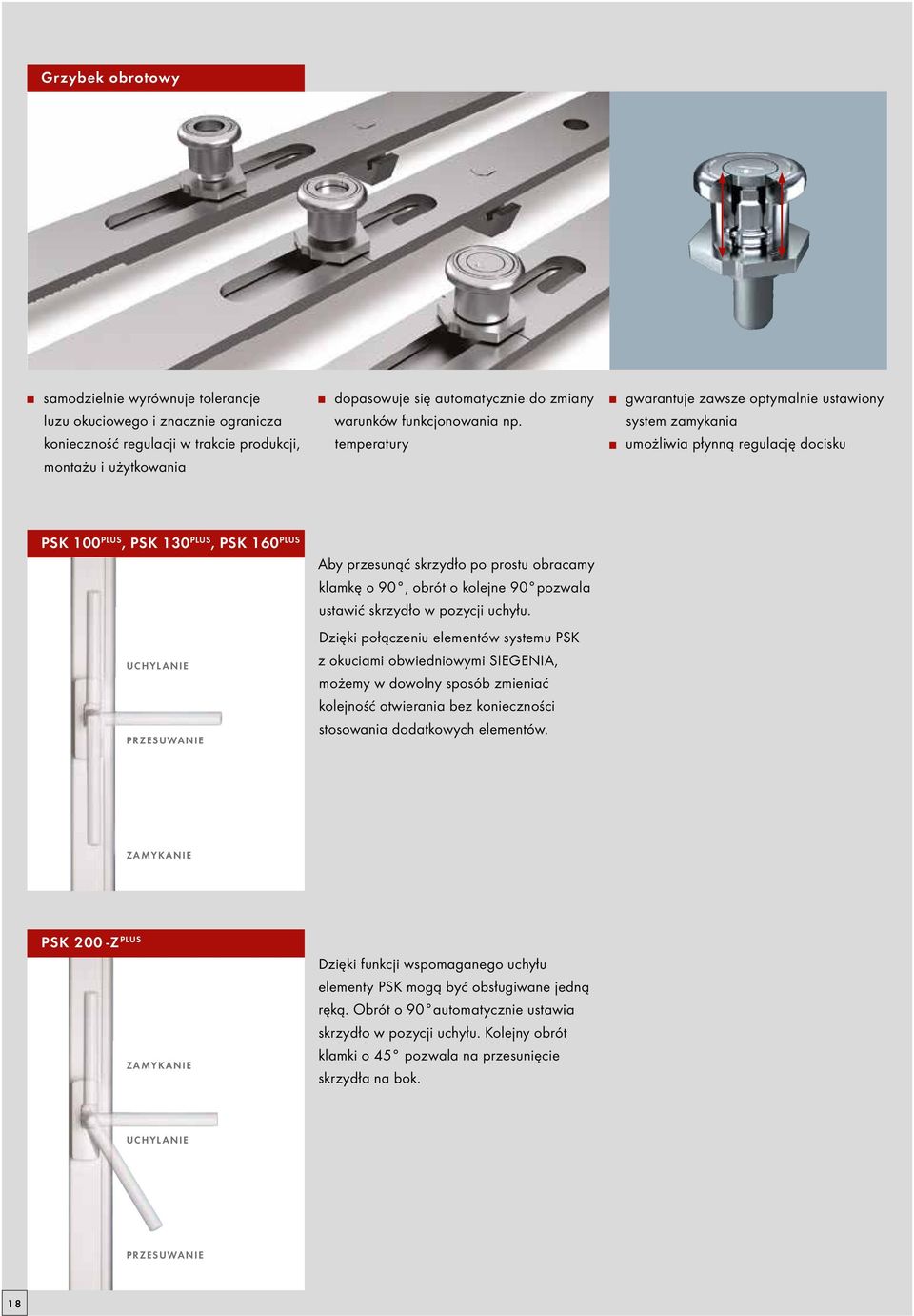 temperatury gwarantuje zawsze optymalnie ustawiony system zamykania umożliwia płynną regulację docisku PSK 100 PLUS, PSK 130 PLUS, PSK 160 PLUS UCHYLANIE PRZESUWANIE Aby przesunąć skrzydło po prostu