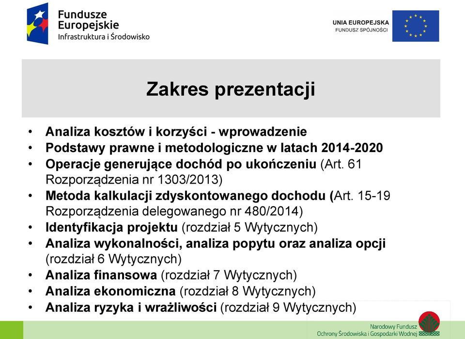 15-19 Rozporządzenia delegowanego nr 480/2014) Identyfikacja projektu (rozdział 5 Wytycznych) Analiza wykonalności, analiza popytu oraz