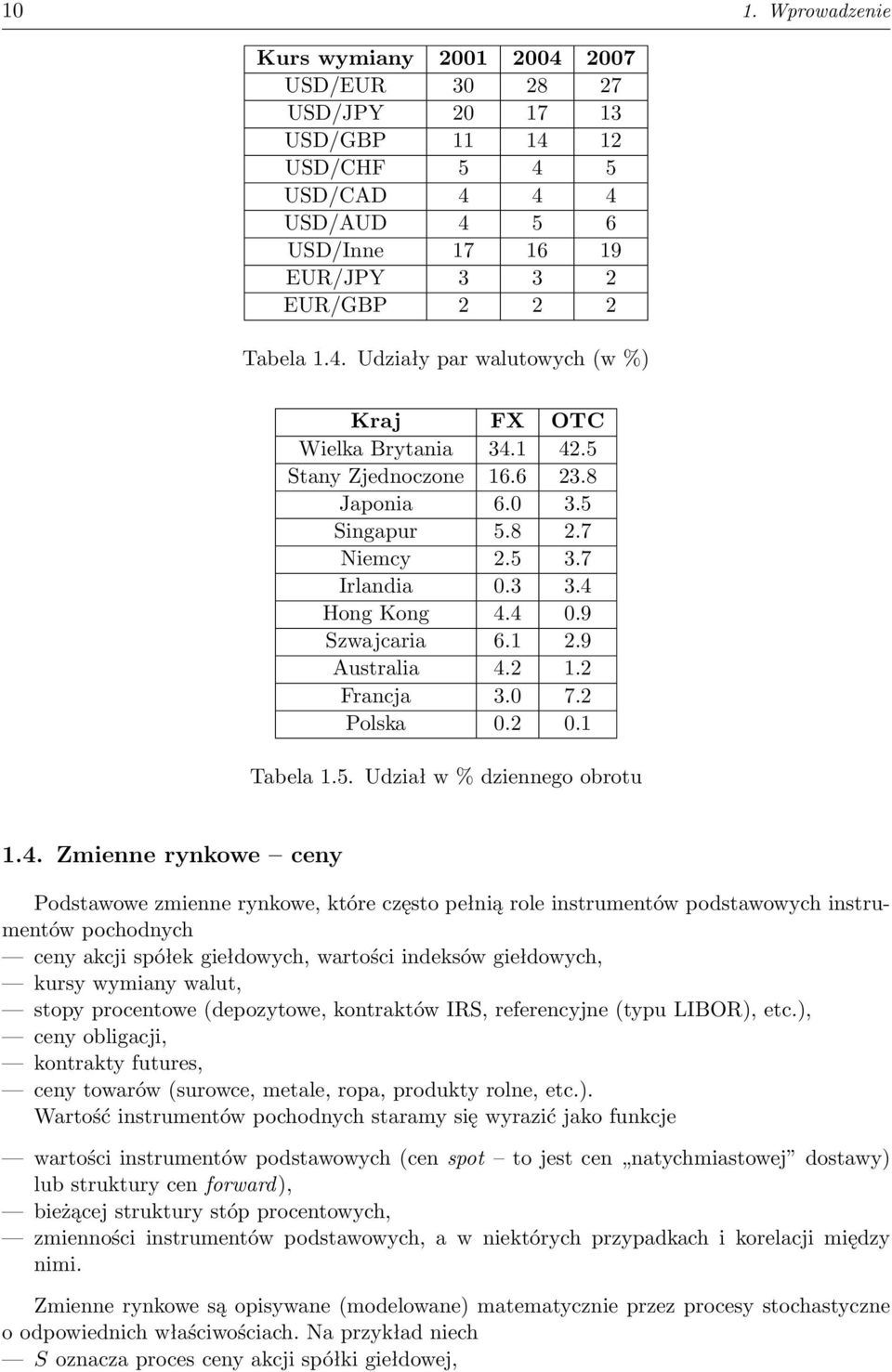 4. Zmienne rynkowe ceny Podstawowe zmienne rynkowe, które często pełnią role instrumentów podstawowych instrumentów pochodnych ceny akcji spółek giełdowych, wartości indeksów giełdowych, kursy