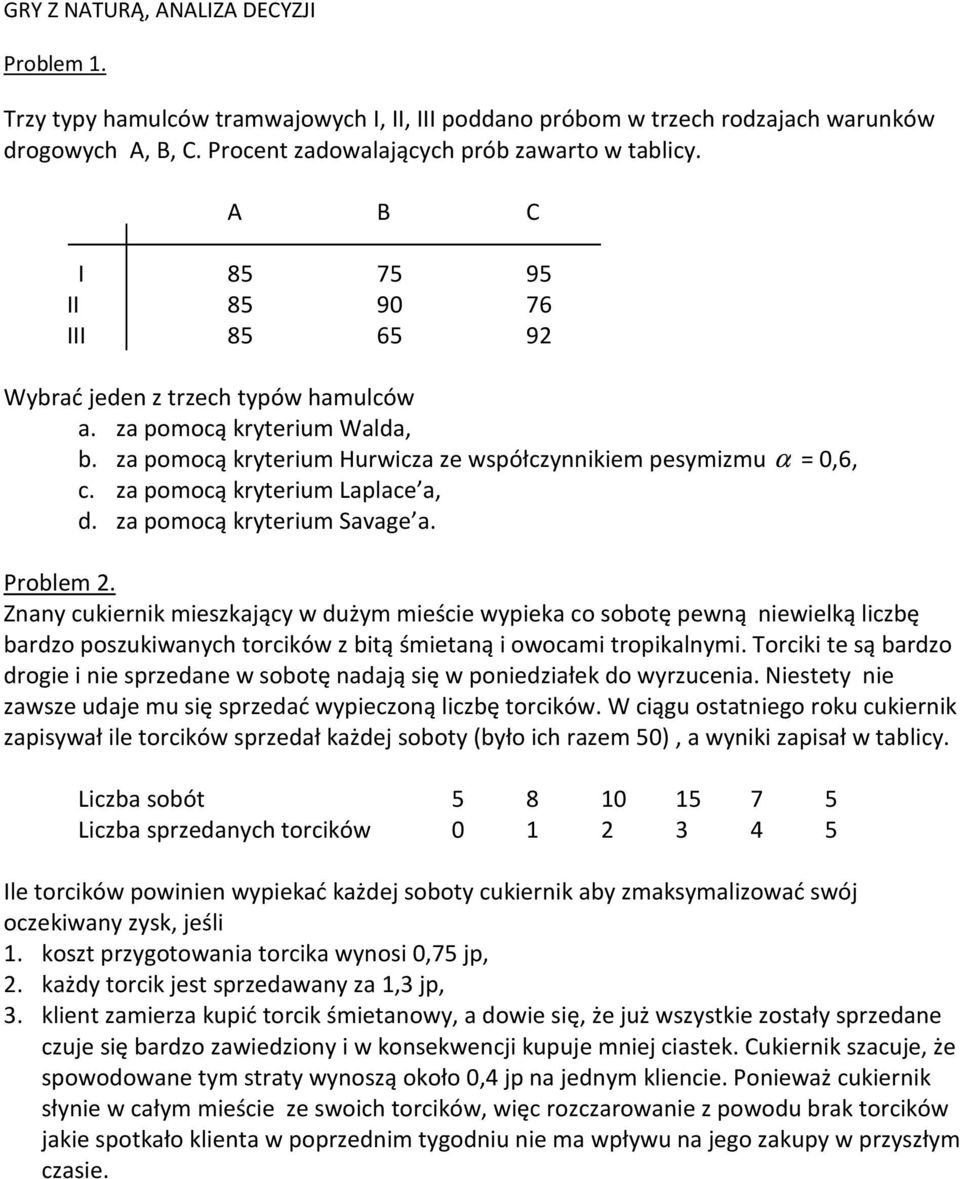 za pomocą kryterium Laplace a, d. za pomocą kryterium Savage a. Problem.