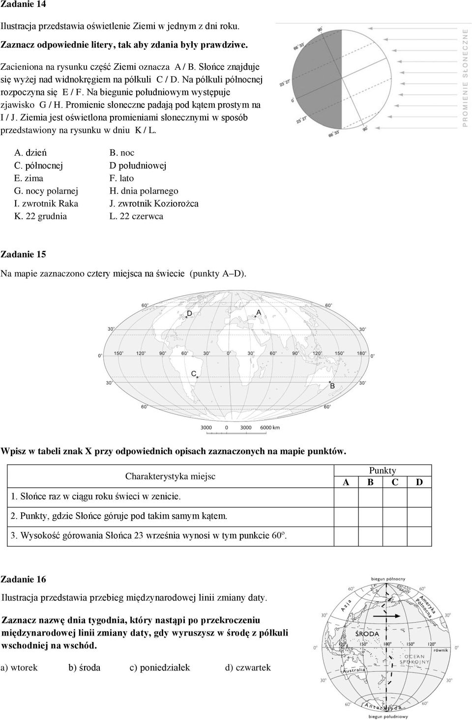 Promienie słoneczne padają pod kątem prostym na I / J. Ziemia jest oświetlona promieniami słonecznymi w sposób przedstawiony na rysunku w dniu K / L. A. dzień B. noc C. północnej D południowej E.