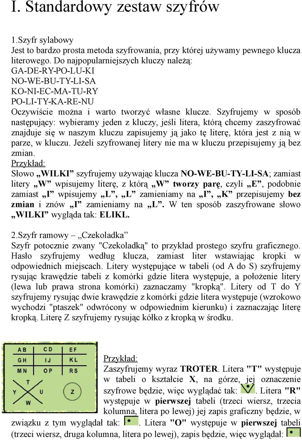 Szyfrujemy w sposób następujący: wybieramy jeden z kluczy, jeśli litera, którą chcemy zaszyfrować znajduje się w naszym kluczu zapisujemy ją jako tę literę, która jest z nią w parze, w kluczu.