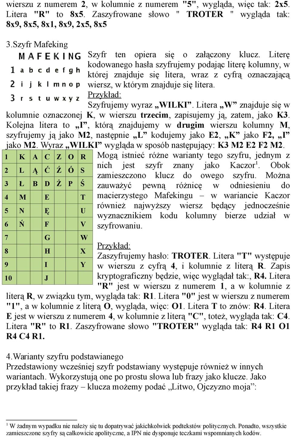 Literę kodowanego hasła szyfrujemy podając literę kolumny, w której znajduje się litera, wraz z cyfrą oznaczającą wiersz, w którym znajduje się litera. Szyfrujemy wyraz WILKI.