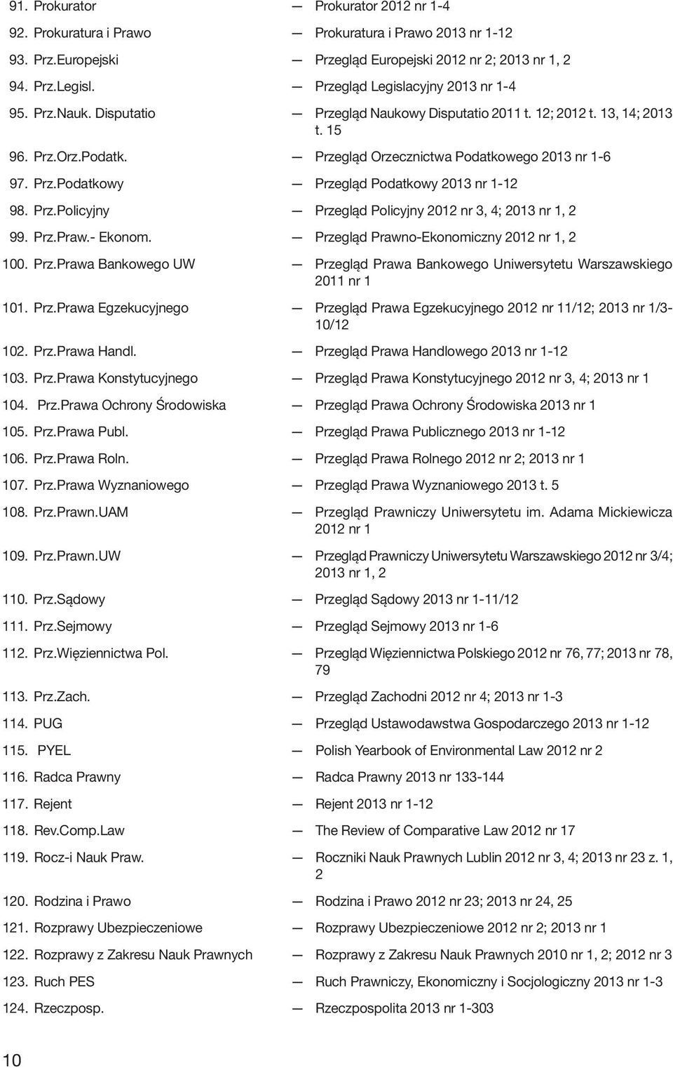 Prz.Policyjny Przegląd Policyjny 2012 nr 3, 4; 2013 nr 1, 2 99. Prz.Praw.- Ekonom. Przegląd Prawno-Ekonomiczny 2012 nr 1, 2 100. Prz.Prawa Bankowego UW Przegląd Prawa Bankowego Uniwersytetu Warszawskiego 2011 nr 1 101.