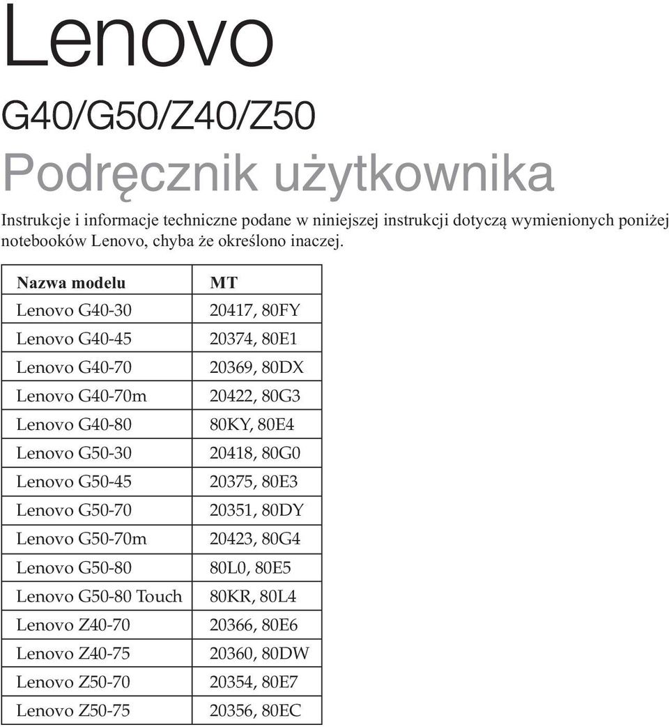 Nazwa modelu Lenovo G40-30 Lenovo G40-45 Lenovo G40-70 Lenovo G40-70m Lenovo G40-80 Lenovo G50-30 Lenovo G50-45 Lenovo G50-70 Lenovo G50-70m Lenovo