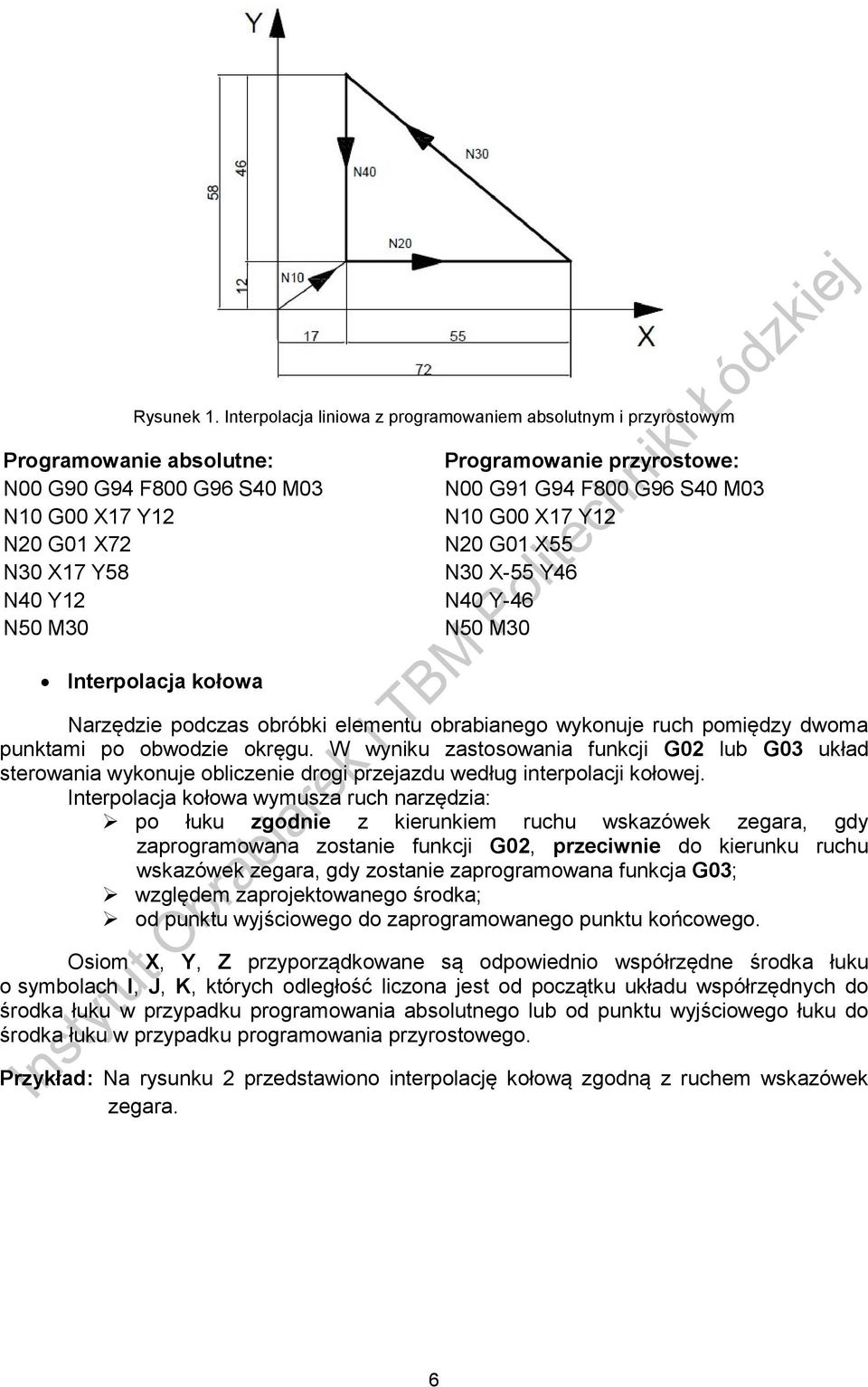 przyrostowe: N00 G91 G94 F800 G96 S40 M03 N10 G00 X17 Y12 N20 G01 X55 N30 X-55 Y46 N40 Y-46 N50 M30 Interpolacja kołowa Narzędzie podczas obróbki elementu obrabianego wykonuje ruch pomiędzy dwoma