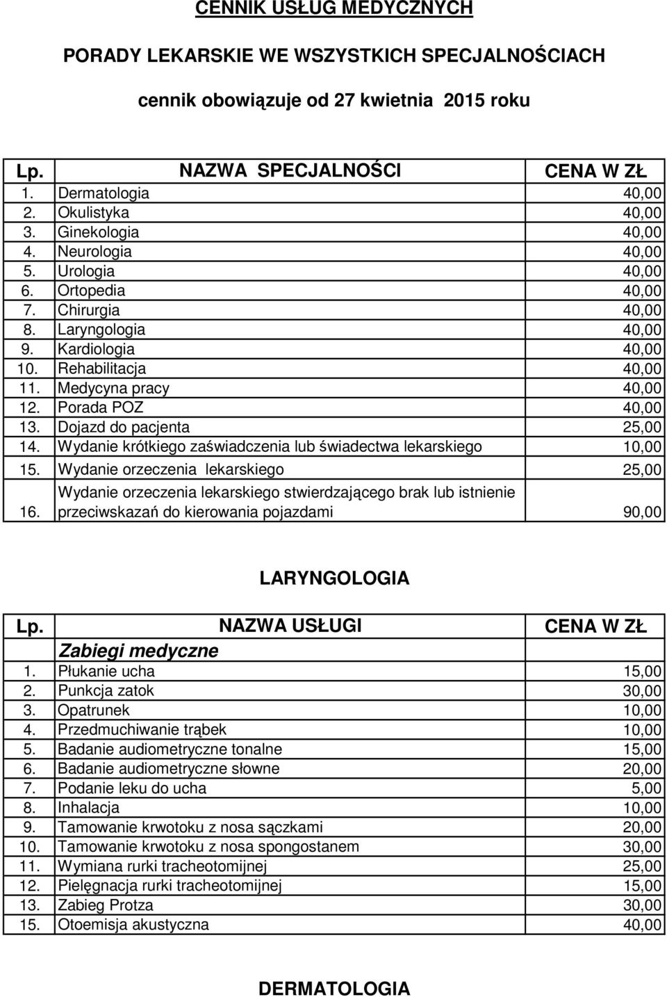 Porada POZ 40,00 13. Dojazd do pacjenta 25,00 14. Wydanie krótkiego zaświadczenia lub świadectwa lekarskiego 10,00 15. Wydanie orzeczenia lekarskiego 25,00 16.