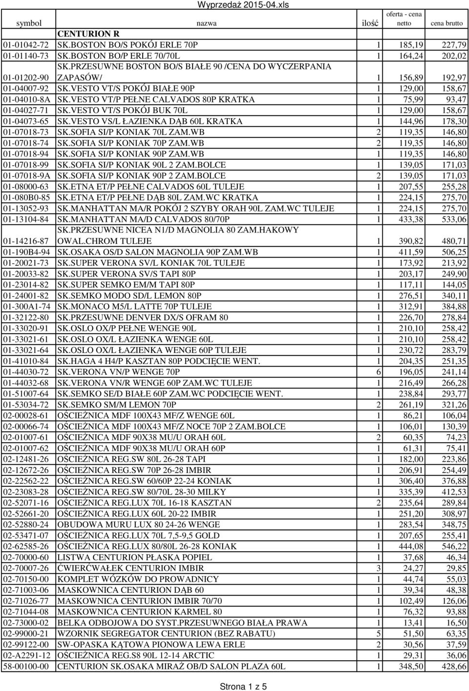 VESTO VT/P PEŁNE CALVADOS 80P KRATKA 1 75,99 93,47 01-04027-71 SK.VESTO VT/S POKÓJ BUK 70L 1 129,00 158,67 01-04073-65 SK.VESTO VS/L ŁAZIENKA DĄB 60L KRATKA 1 144,96 178,30 01-07018-73 SK.
