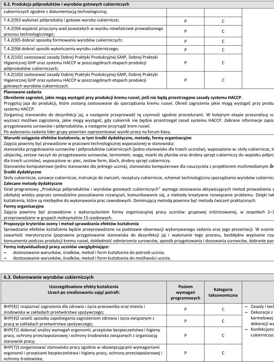 4.2(9)6 dobrać sposób wykończenia wyrobu cukierniczego; T.4.2(10)1 zastosować zasady Dobrej raktyki rodukcyjnej GM, Dobrej raktyki Higienicznej GH oraz systemu HA w poszczególnych etapach produkcji półproduktów T.