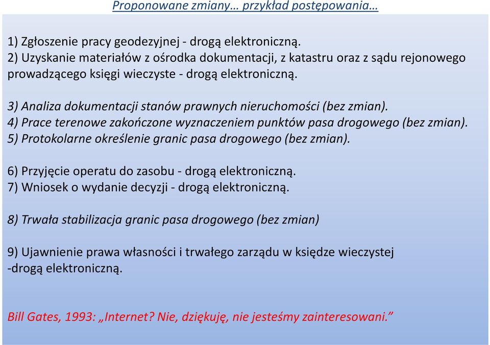 3) Analiza dokumentacji stanów prawnych nieruchomości (bez zmian). 4) Prace terenowe zakończone wyznaczeniem punktów pasa drogowego (bez zmian).