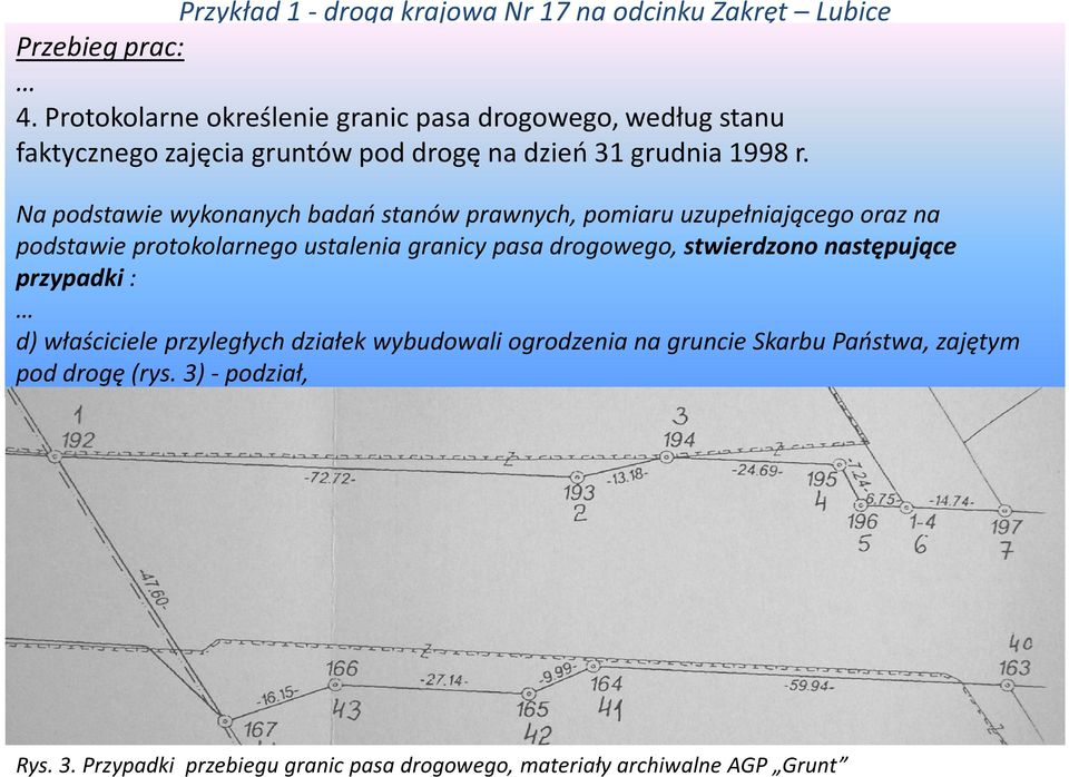 Na podstawie wykonanych badań stanów prawnych, pomiaru uzupełniającego oraz na podstawie protokolarnego ustalenia granicy pasa drogowego,