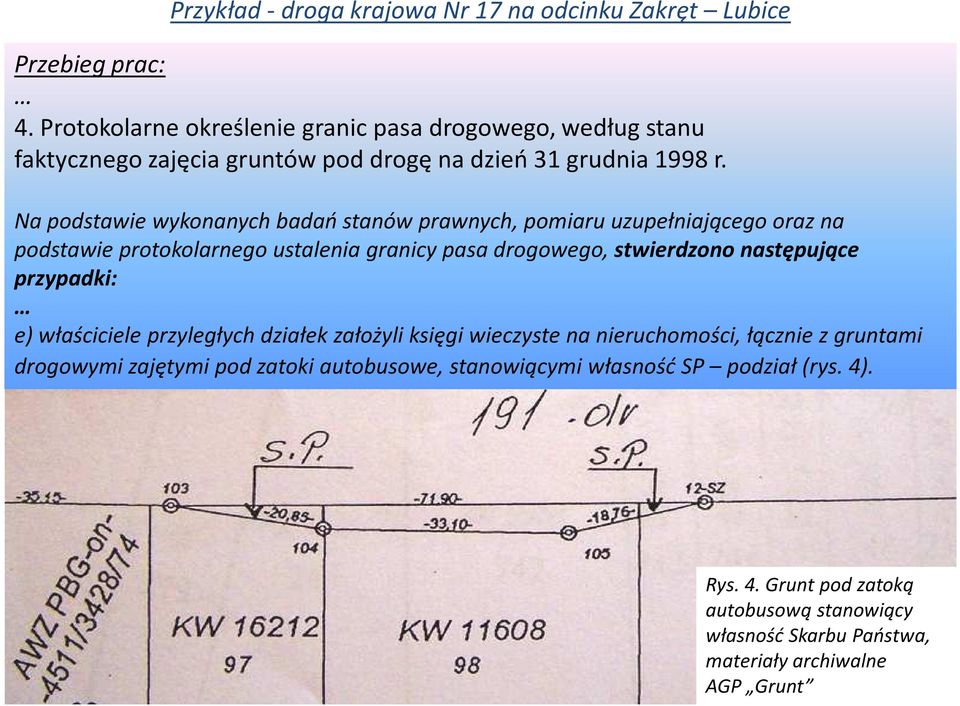 Na podstawie wykonanych badań stanów prawnych, pomiaru uzupełniającego oraz na podstawie protokolarnego ustalenia granicy pasa drogowego, stwierdzono następujące