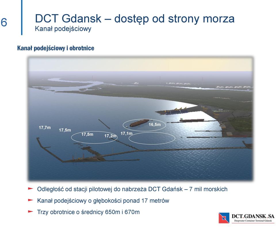 Odległość od stacji pilotowej do nabrzeża DCT Gdańsk 7 mil morskich