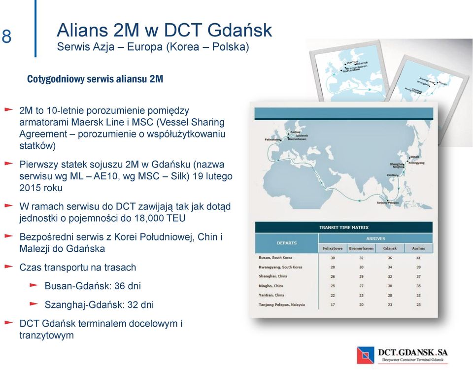 MSC Silk) 19 lutego 2015 roku W ramach serwisu do DCT zawijają tak jak dotąd jednostki o pojemności do 18,000 TEU Bezpośredni serwis z Korei