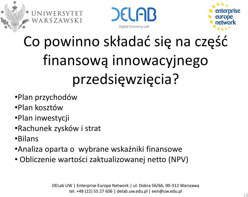 Plan przychodów Plan kosztów Plan inwestycji Rachunek zysków