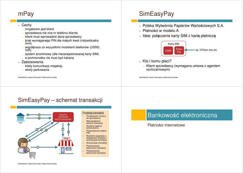 Wytwórnia Papierów Wartościowych S.A. Płatności w modelu A Idea: połączenie karty SIM z kartą płatniczą Kto i komu płaci? Karta SIM GSM Easy- Pay np.