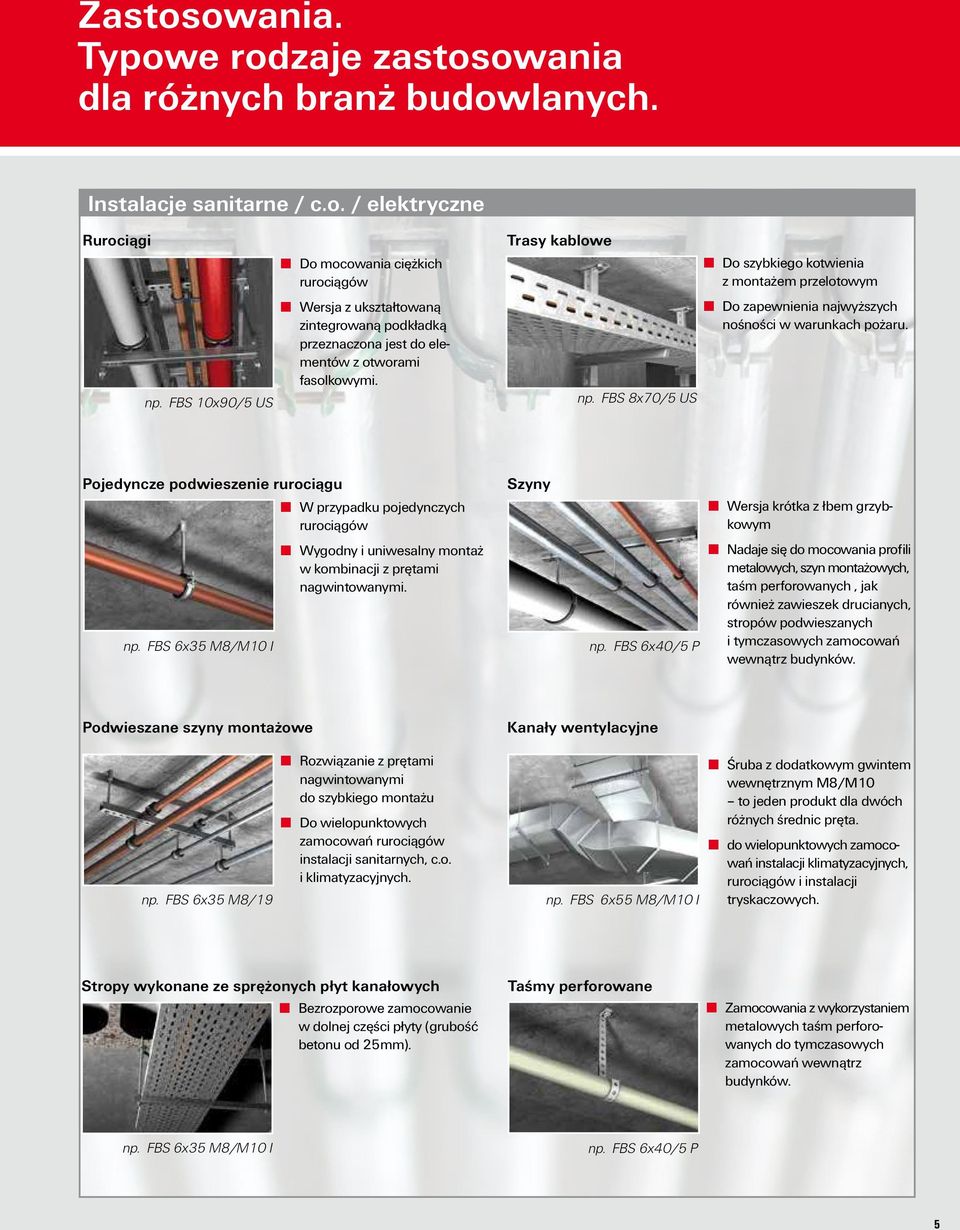 Pojedyncze podwieszenie rurociągu W przypadku pojedynczych rurociągów Wygodny i uniwesalny montaż w kombinacji z prętami nagwintowanymi. np. FBS 6x35 M8/M10 I Szyny np.