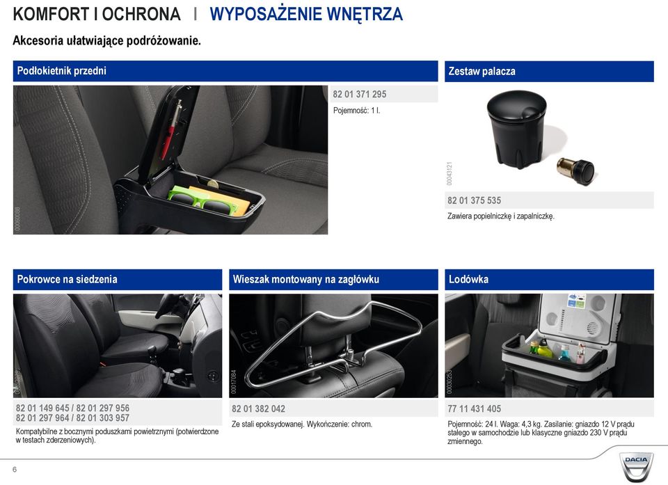 Pokrowce na siedzenia Wieszak montowany na zagłówku Lodówka 82 01 149 645 / 82 01 297 956 82 01 297 964 / 82 01 303 957 Kompatybilne z bocznymi poduszkami