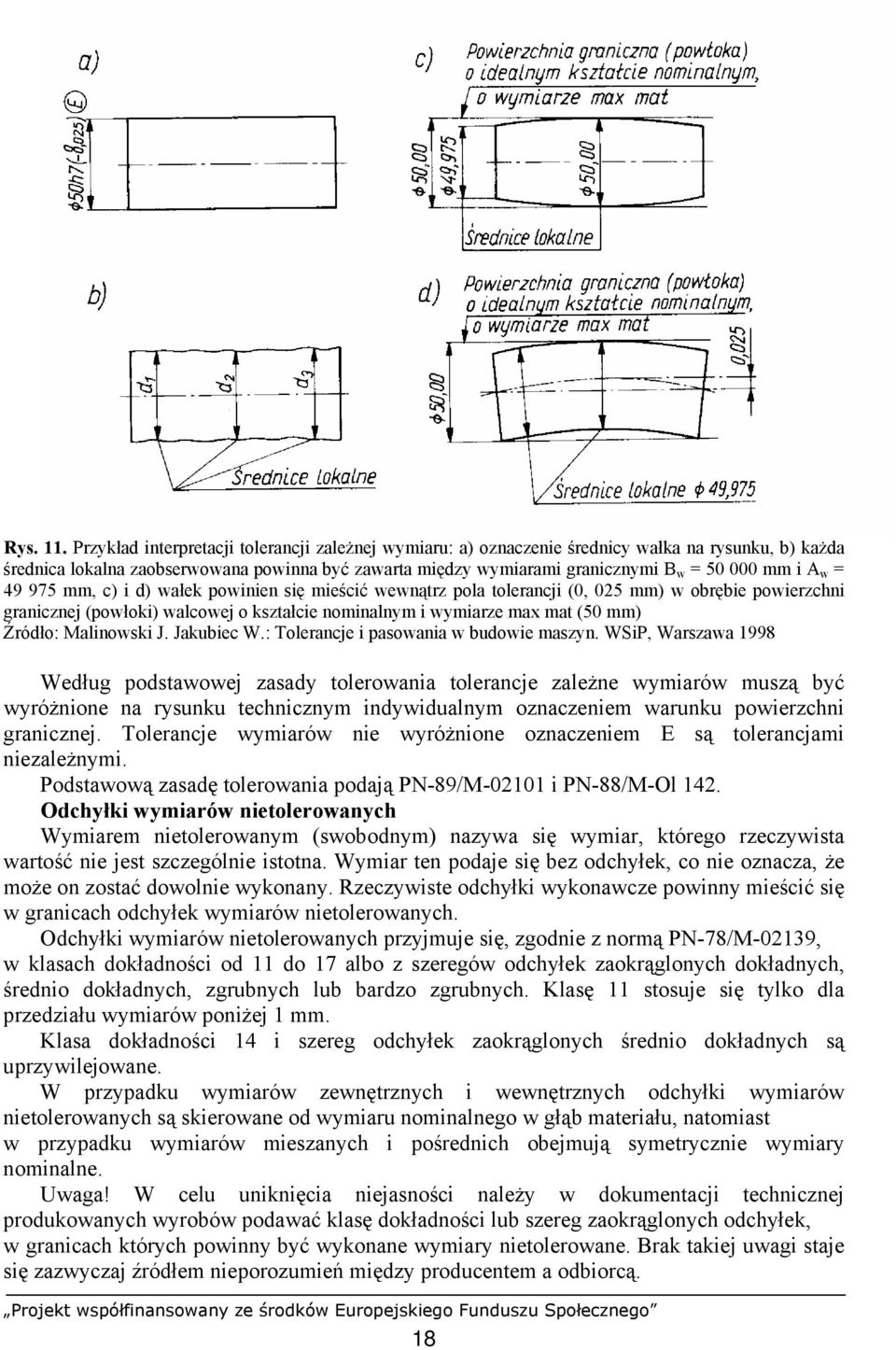 A w = 49 975 mm, c) i d) wałek powinien się mieścić wewnątrz pola tolerancji (0, 025 mm) w obrębie powierzchni granicznej (powłoki) walcowej o kształcie nominalnym i wymiarze max mat (50 mm) Źródło: