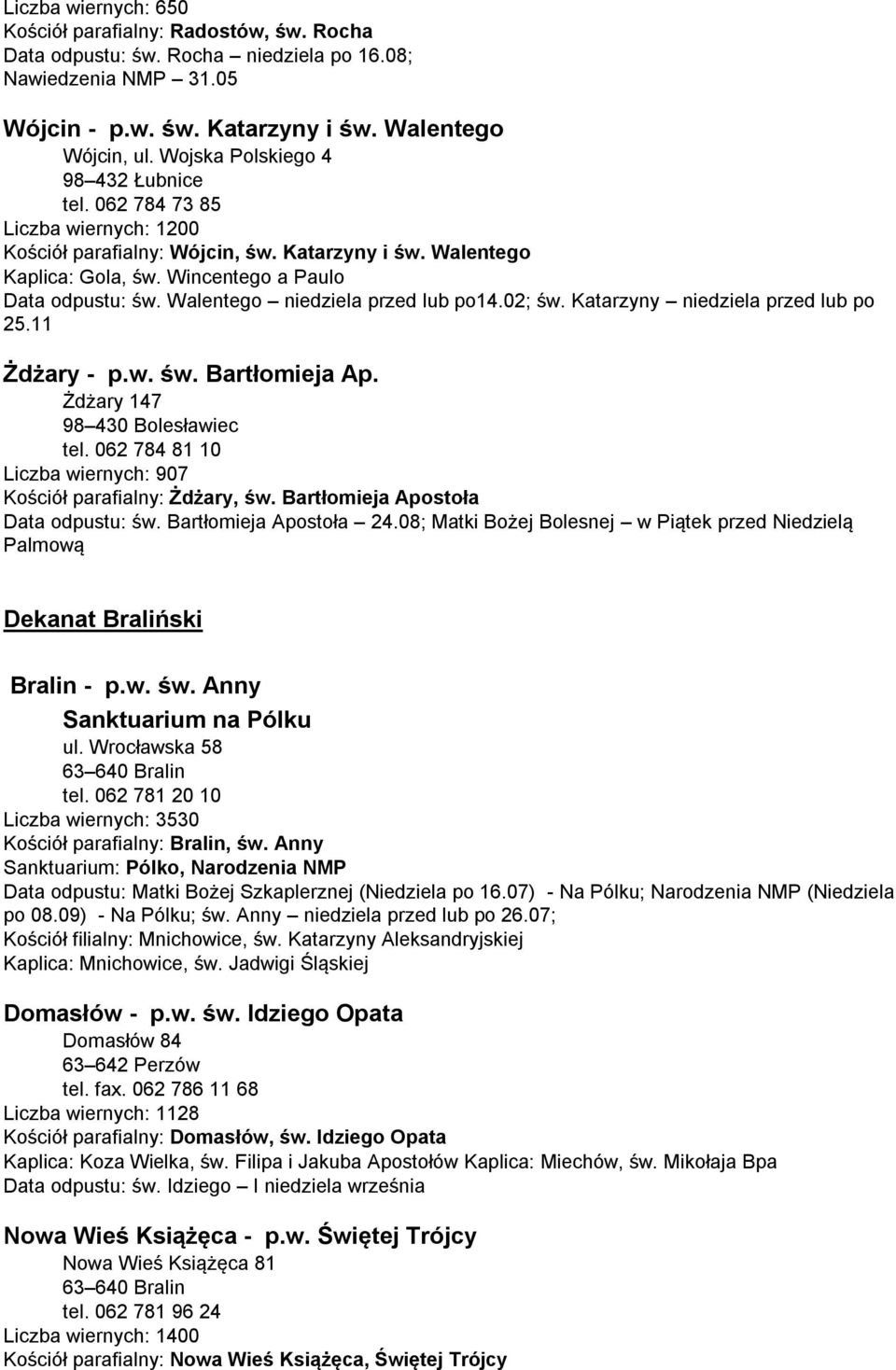 Walentego niedziela przed lub po14.02; św. Katarzyny niedziela przed lub po 25.11 Żdżary - p.w. św. Bartłomieja Ap. Żdżary 147 98 430 Bolesławiec tel.