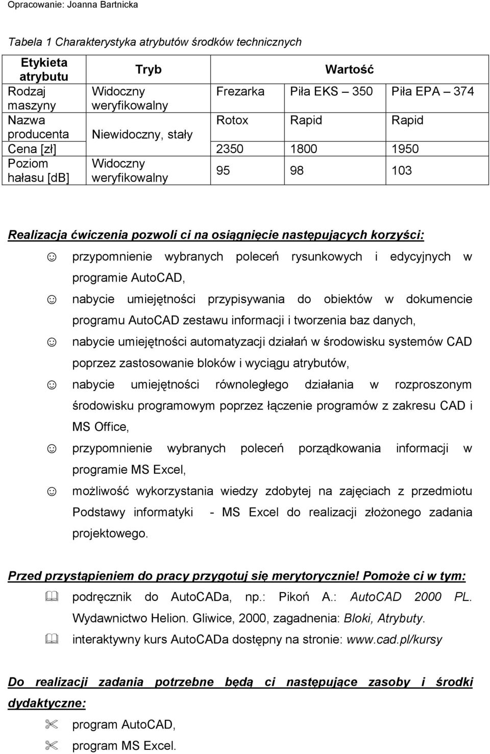 rysunkowych i edycyjnych w programie AutoCAD, nabycie umiejętności przypisywania do obiektów w dokumencie programu AutoCAD zestawu informacji i tworzenia baz danych, nabycie umiejętności