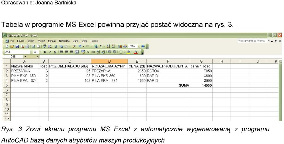 3 Zrzut ekranu programu MS Excel z automatycznie