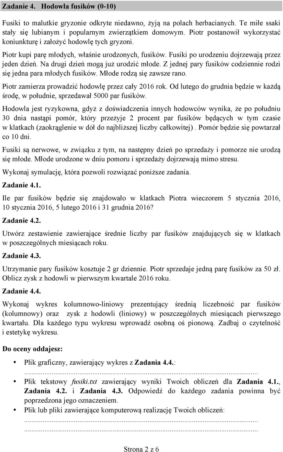 Na drugi dzień mogą już urodzić młode. Z jednej pary fusików codziennie rodzi się jedna para młodych fusików. Młode rodzą się zawsze rano. Piotr zamierza prowadzić hodowlę przez cały 2016 rok.