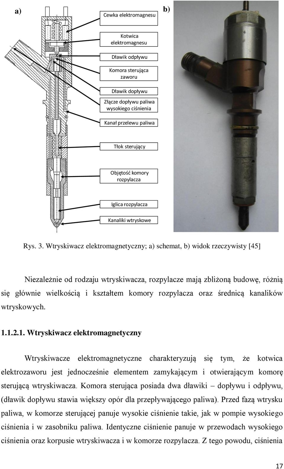 Wtryskiwacz elektromagnetyczny; a) schemat, b) widok rzeczywisty [45] Niezależnie od rodzaju wtryskiwacza, rozpylacze mają zbliżoną budowę, różnią się głównie wielkością i kształtem komory rozpylacza