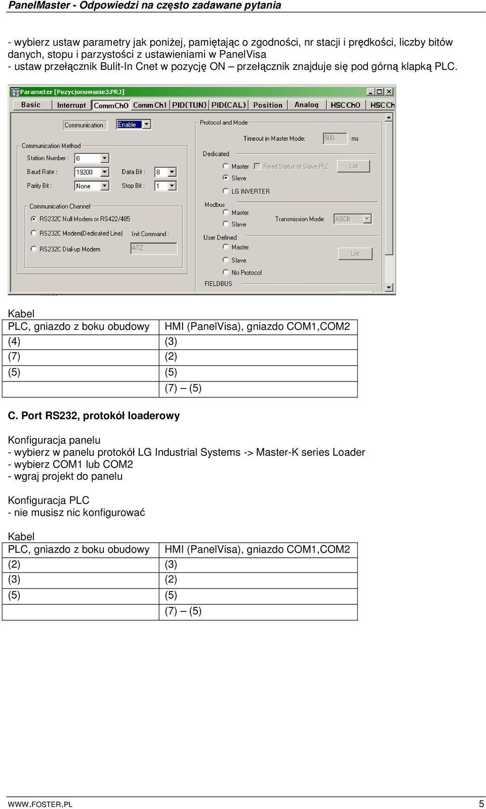 Kabel PLC, gniazdo z boku obudowy HMI (PanelVisa), gniazdo COM1,COM2 (4) (3) (7) (2) (5) (5) (7) (5) C.
