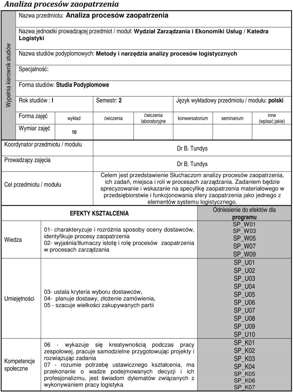 modułu: polski Forma zajęć wykład ćwiczenia Wymiar zajęć 10 ćwiczenia laboratoryjne konwersatorium seminarium inne (wpisać jakie) Koordynator przedmiotu / modułu Prowadzący zajęcia Cel przedmiotu /