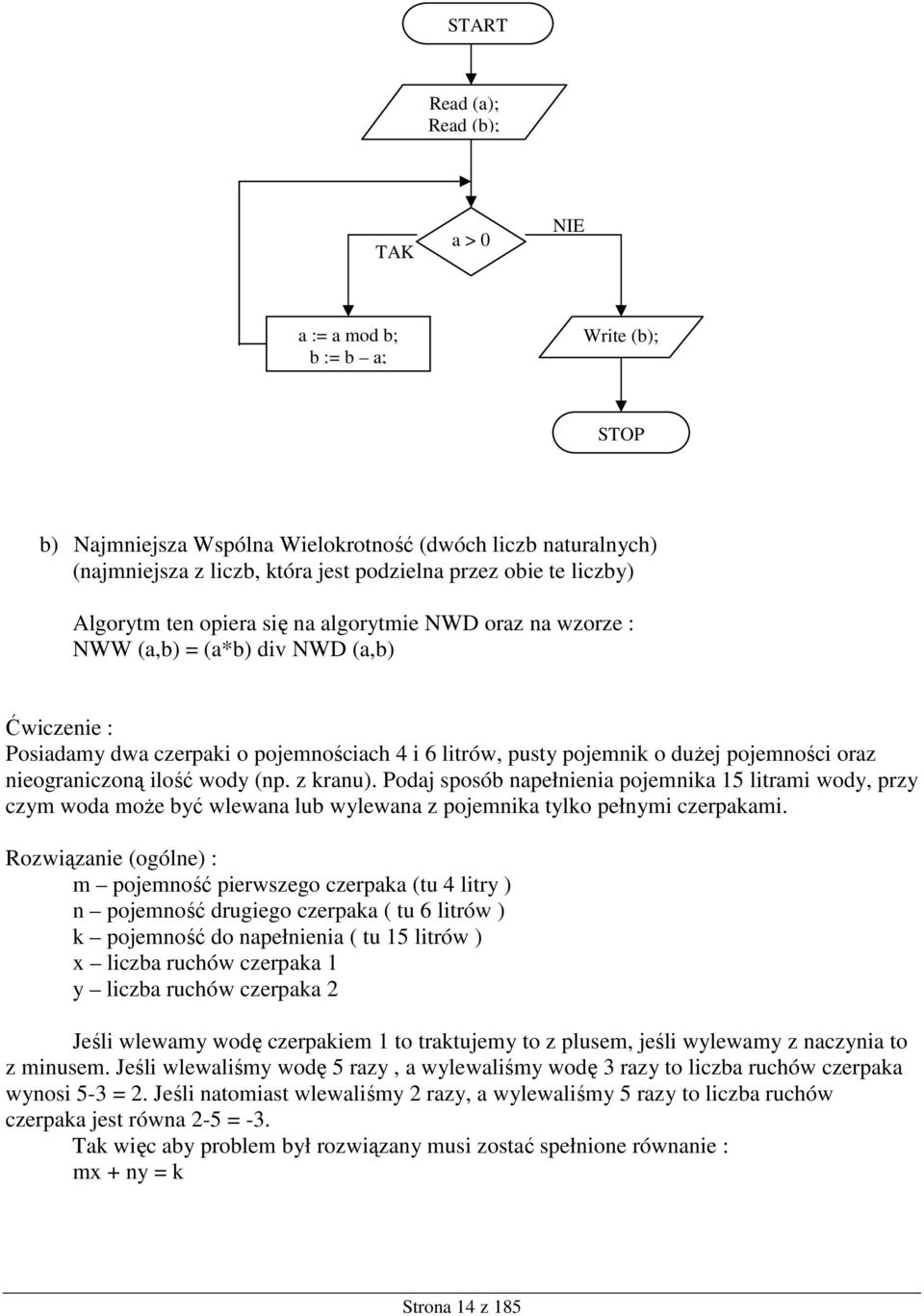 nieograniczoną ilość wody (np. z kranu). Podaj sposób napełnienia pojemnika 15 litrami wody, przy czym woda moŝe być wlewana lub wylewana z pojemnika tylko pełnymi czerpakami.