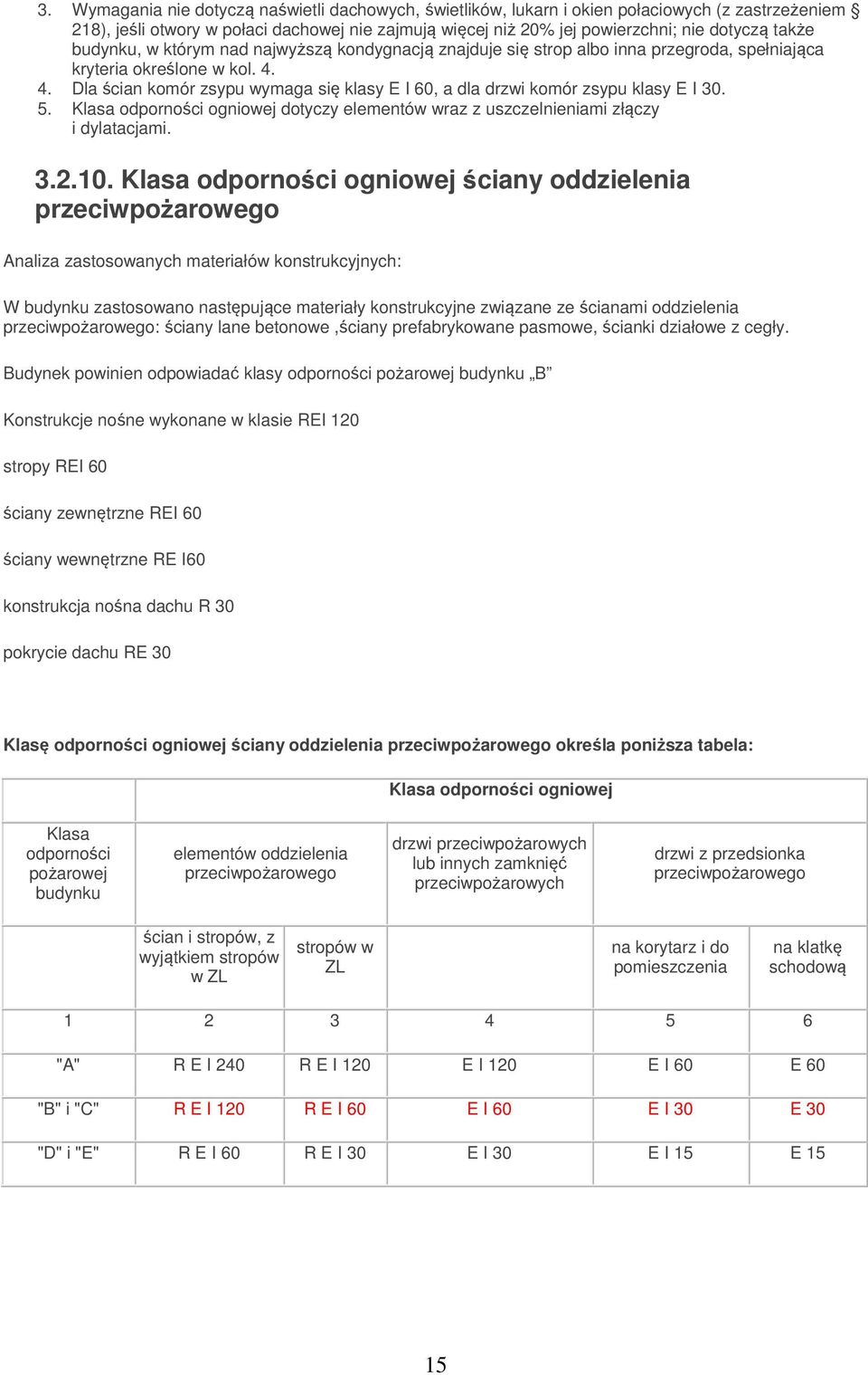 4. Dla ścian komór zsypu wymaga się klasy E I 60, a dla drzwi komór zsypu klasy E I 30. 5. Klasa odporności ogniowej dotyczy elementów wraz z uszczelnieniami złączy i dylatacjami. 3.2.10.