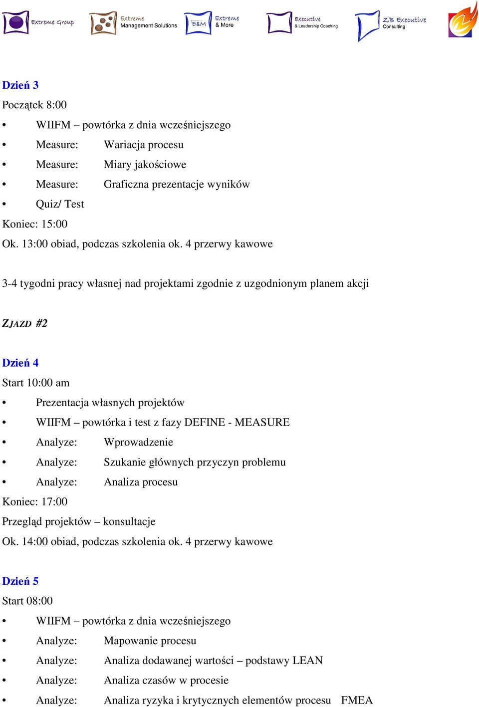 Analyze: Wprowadzenie Analyze: Szukanie głównych przyczyn problemu Analyze: Analiza procesu Koniec: 17:00 Ok. 14:00 obiad, podczas szkolenia ok.