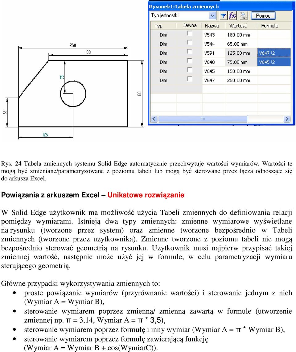 Powiązania z arkuszem Excel Unikatowe rozwiązanie W Solid Edge użytkownik ma możliwość użycia Tabeli zmiennych do definiowania relacji pomiędzy wymiarami.