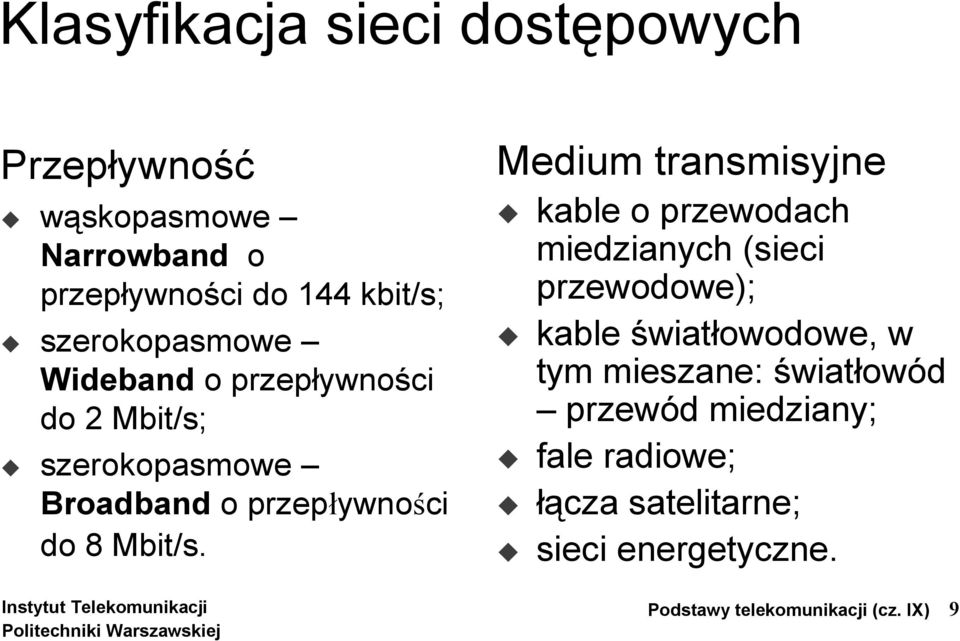 Medium transmisyjne kable o przewodach miedzianych (sieci przewodowe); kable światłowodowe, w tym mieszane:
