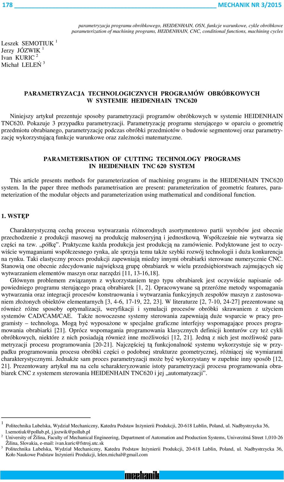 parametryzacji programów obróbkowych w systemie HEIDENHAIN TNC620. Pokazuje 3 przypadku parametryzacji.