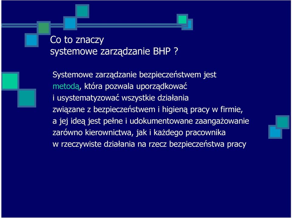 usystematyzować wszystkie działania związane z bezpieczeństwem i higieną pracy w firmie, a