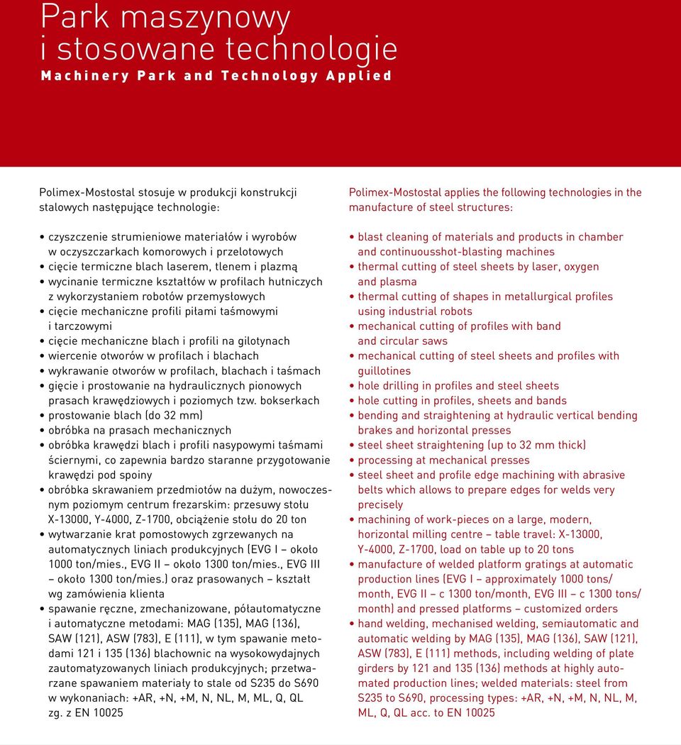 mechaniczne profili piłami taśmowymi i tarczowymi cięcie mechaniczne blach i profili na gilotynach wiercenie otworów w profilach i blachach wykrawanie otworów w profilach, blachach i taśmach gięcie i
