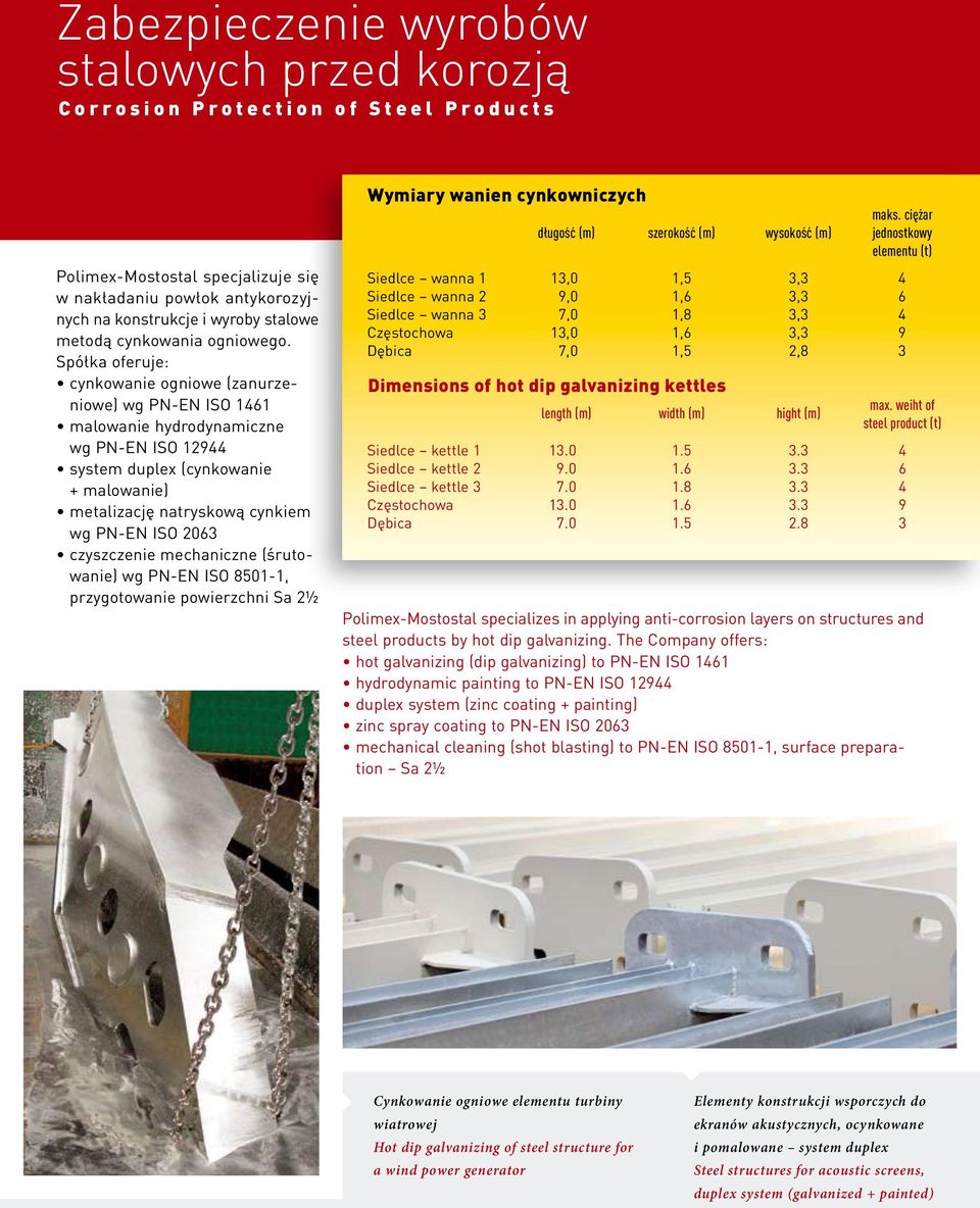 Spółka oferuje: cynkowanie ogniowe (zanurzeniowe) wg PN-EN ISO 1461 malowanie hydrodynamiczne wg PN-EN ISO 12944 system duplex (cynkowanie + malowanie) metalizację natryskową cynkiem wg PN-EN ISO