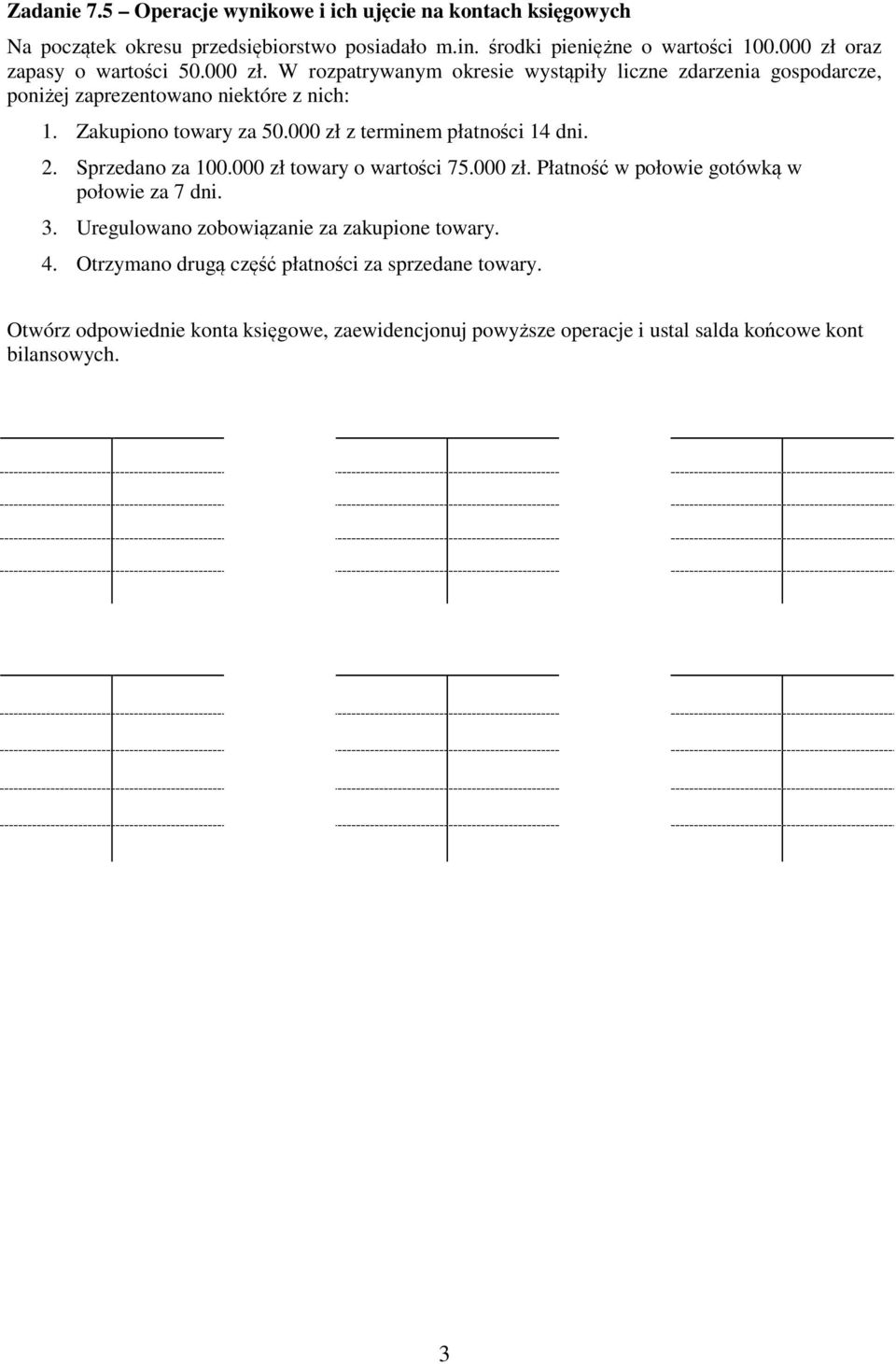 Zakupiono towary za 50.000 zł z terminem płatności 14 dni. 2. Sprzedano za 100.000 zł towary o wartości 75.000 zł. Płatność w połowie gotówką w połowie za 7 dni. 3.