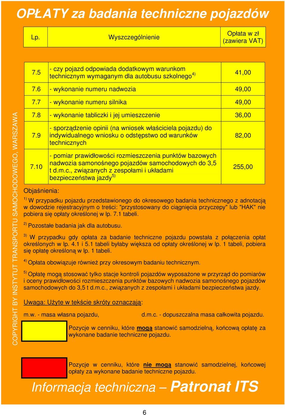 10 Obja nienia: - sporz dzenie opinii (na wniosek w a ciciela pojazdu) do indywidualnego wniosku o odst pstwo od warunków technicznych 82,00 - pomiar prawid owo ci rozmieszczenia punktów bazowych