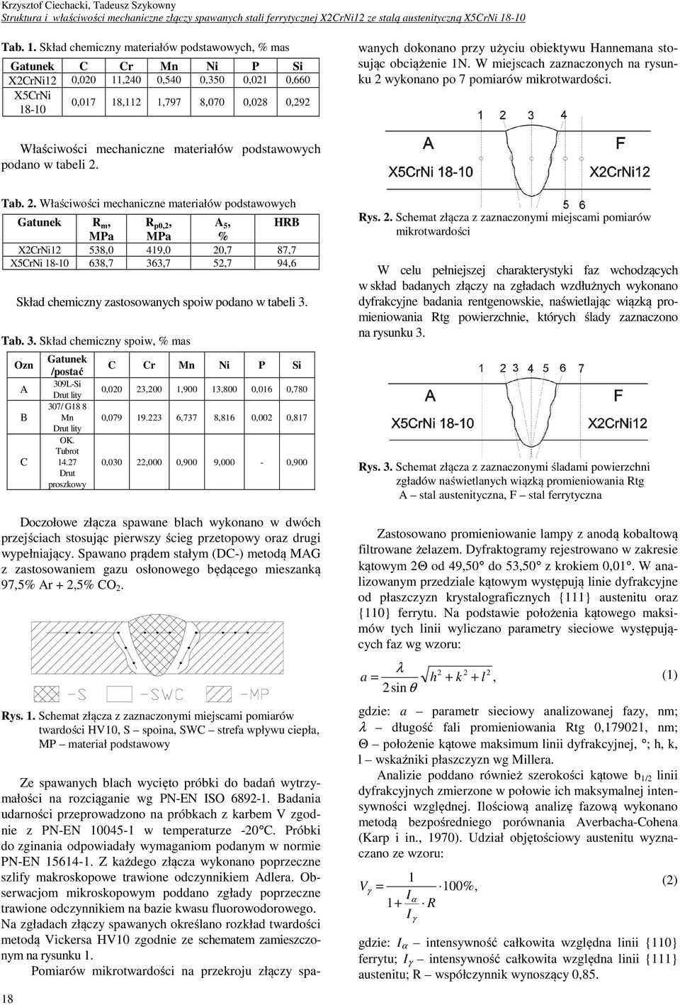 Skład chemiczny materiałów podstawowych, % mas Gatunek C Cr Mn Ni P Si X2CrNi12 0,020 11,240 0,540 0,350 0,021 0,660 X5CrNi 18-10 0,017 18,112 1,797 8,070 0,028 0,292 Ze spawanych blach wycięto