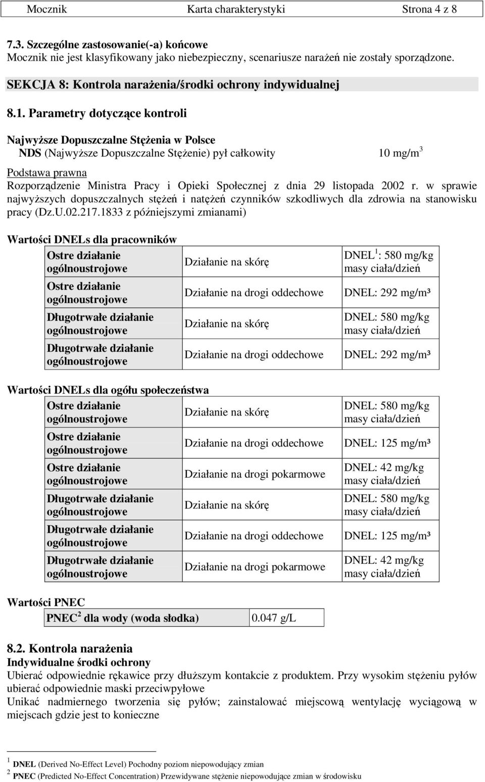 Parametry dotyczące kontroli Najwyższe Dopuszczalne Stężenia w Polsce NDS (Najwyższe Dopuszczalne Stężenie) pył całkowity 10 mg/m 3 Podstawa prawna Rozporządzenie Ministra Pracy i Opieki Społecznej z